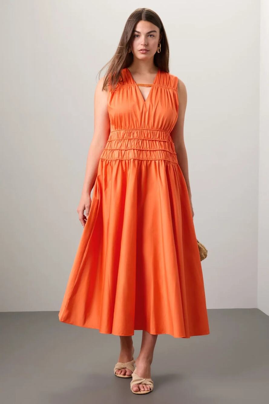 RTR Sz 4 Roksanda Orange Smocked Waist Sleeveless V-Neck A-Line Maxi Dress